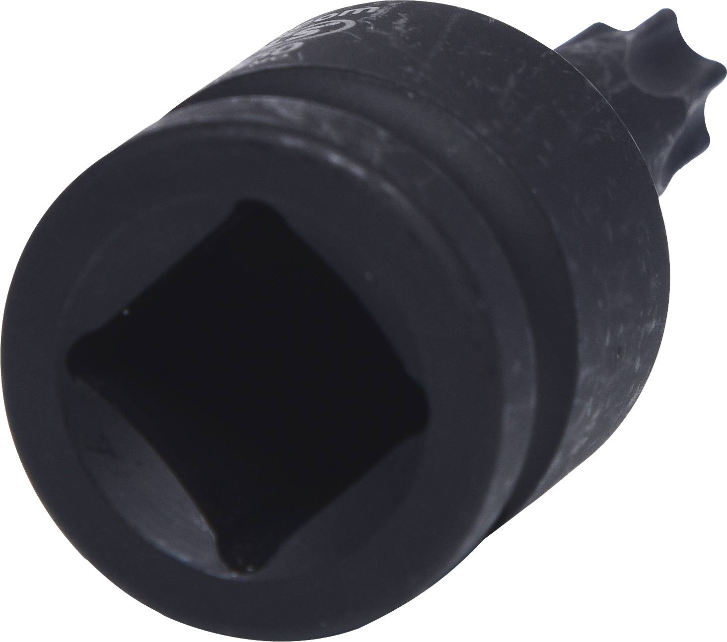 Ein schwarzer Steckschlüsseleinsatz mit einem quadratischen Anschluss an einem Ende und einem sternförmigen Kopf am anderen Ende.