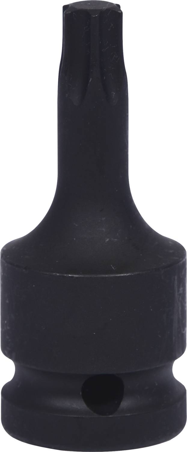 Ein schwarzer Aufsatz für einen Schraubendreher mit einem speziellen Ende für Torx-Schrauben (Sternform), aus robustem Material.