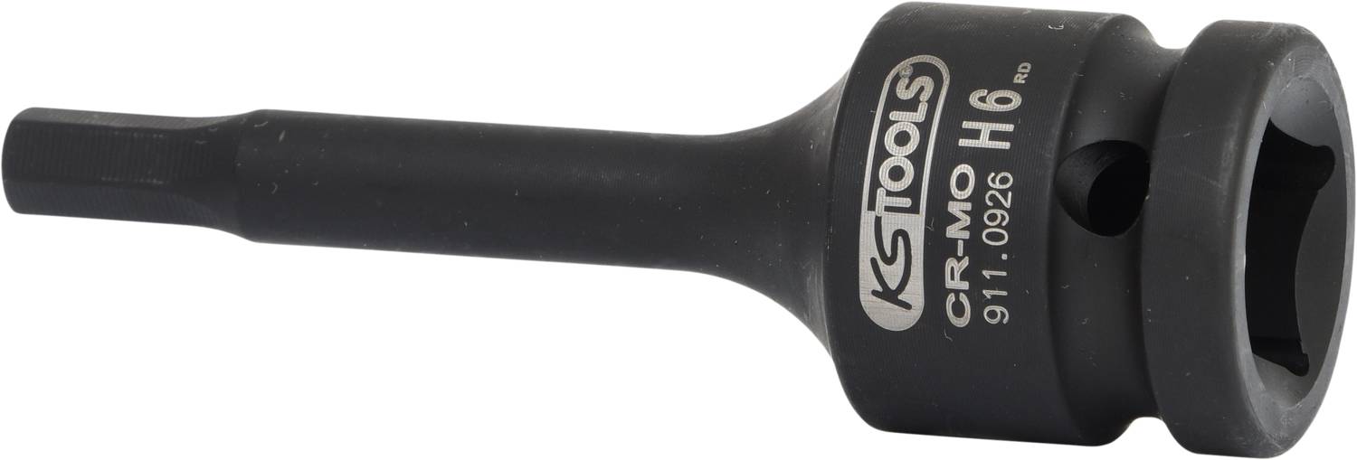 Ein schwarzer Sechskant-Steckschlüssel der Marke KS Tools, Modell CR-MO H6, aus Chrom-Molybdän, geeignet für präzise mechanische Anwendungen.