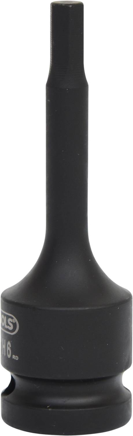 Schwarze Sechskant-Bit-Aufnahme, wahrscheinlich ein H6-Bit, für Schraubarbeiten, mit zylindrischer Form.