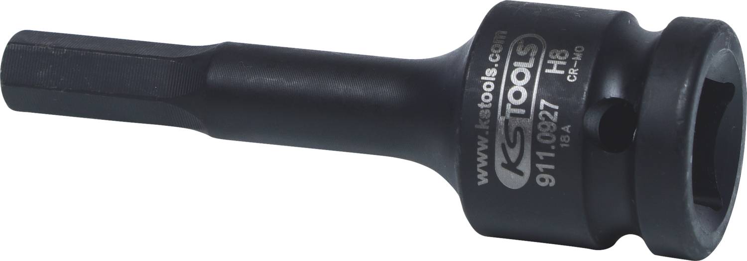 Langer Sechskant-Bit-Aufsatz mit schwarzer Oberfläche und markierter Gravur 'KS TOOLS 911.0927 H 6 CR-MO'.