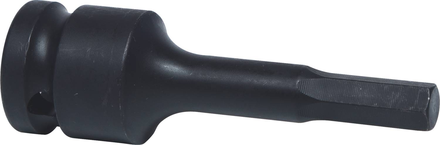 Schwarzer Steckschlüsseleinsatz mit sechseckiger Aufnahme und zylindrischem Körper, verwendet für mechanische Verbindungen und Reparaturen.