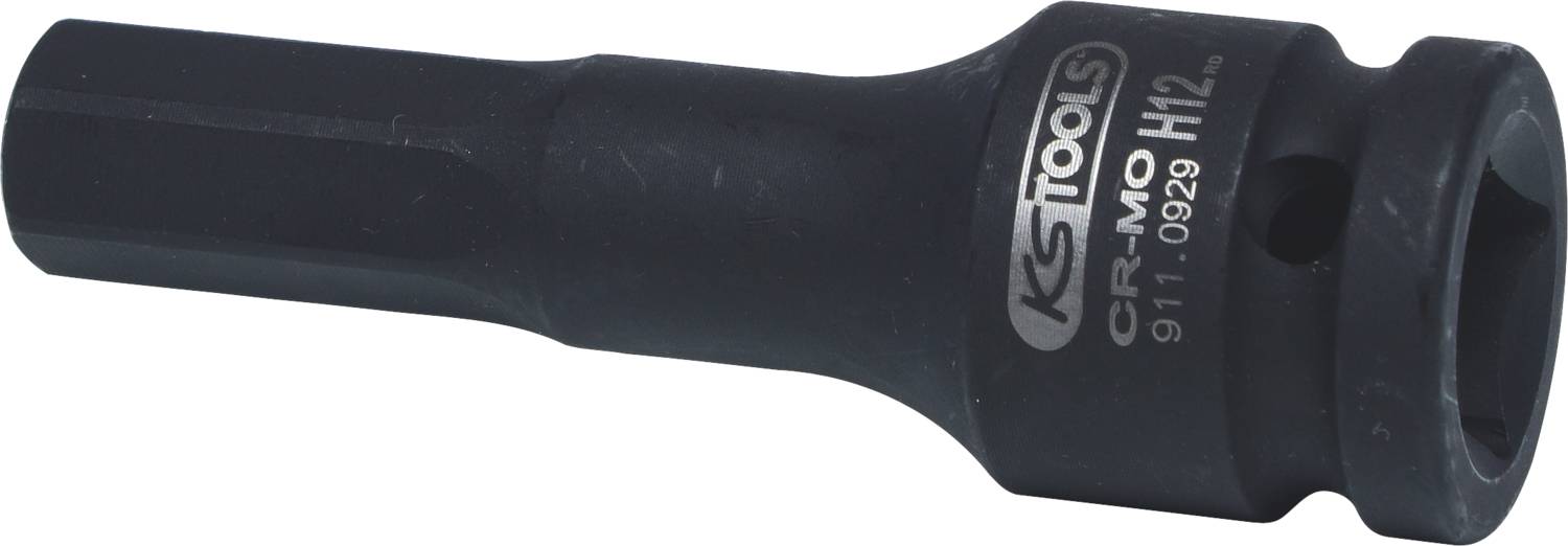 Ein schwarzer Steckschlüsselaufsatz mit Sechskantkopf und der Aufschrift 'KS TOOLS' sowie 'CR-MO H12'. Geeignet für Schraubarbeiten.