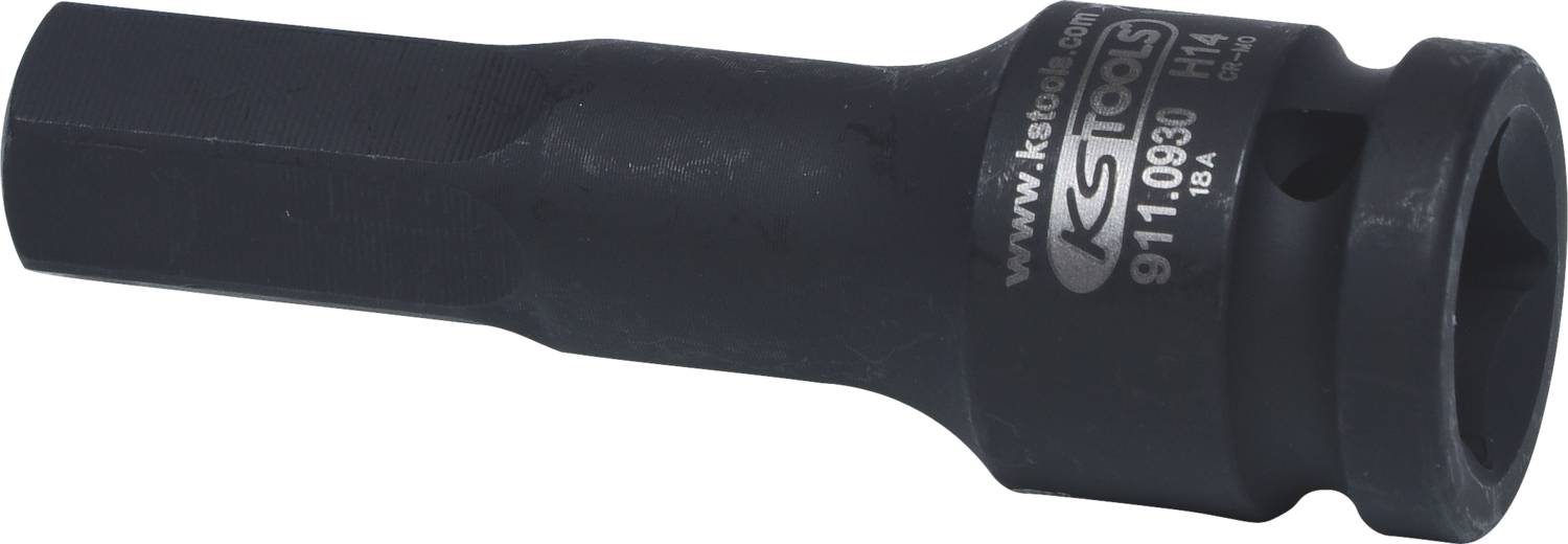 Abbildung eines schwarzen Steckschlüssels mit der Aufschrift 'KS Tools' und '911.0930'. Entworfen für die Reparaturmechanik.