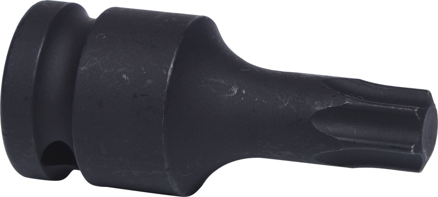 Schwarzer Torx-Bit aus Metall mit zylindrischem Schaft und sechszackiger Spitze. Geeignet für Torx-Schrauben.