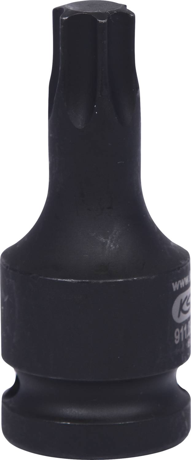 Ein schwarzer Torx-Bit-Aufsatz aus Metall mit einem sechskantigen Schaft und sternförmigem Kopf.