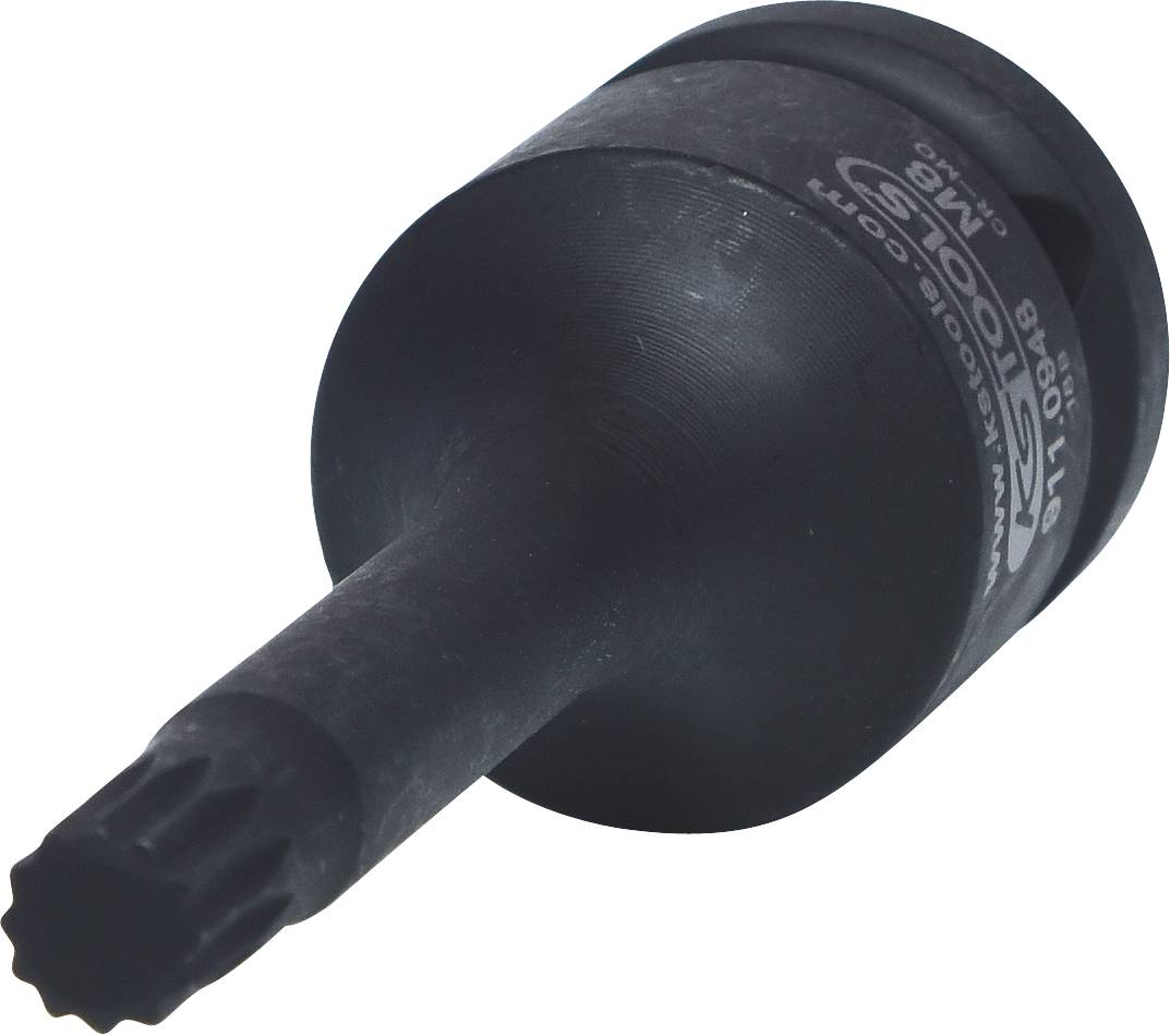 Ein schwarzes Werkzeug mit zylindrischem Körper und gezahntem Schaft, möglicherweise ein Steckschlüsselaufsatz.