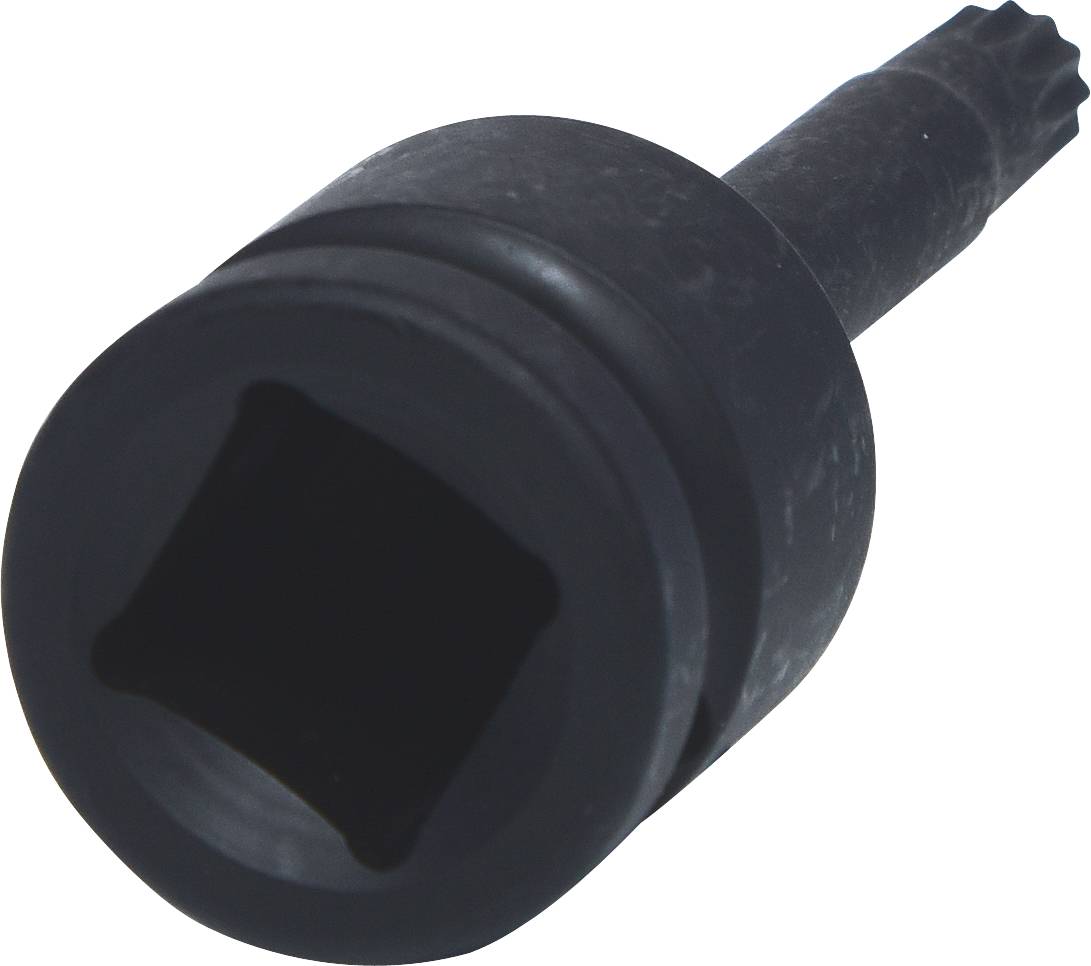 Ein schwarzer, runder Adapter mit quadratischer Öffnung und geriffeltem Ende, möglicherweise für handwerkliche oder mechanische Zwecke.