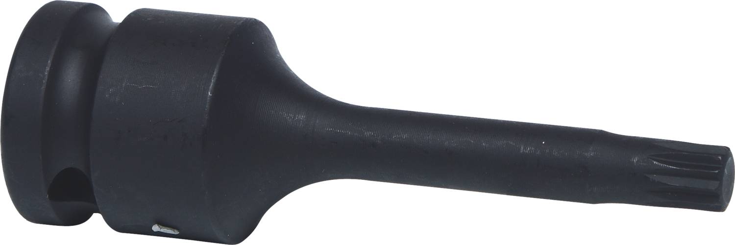 Ein schwarzer Adapter oder Werkzeugaufsatz mit einem langen, zylindrischen Schaft und einem gerippten Ende, das an Schraubköpfe angepasst ist.