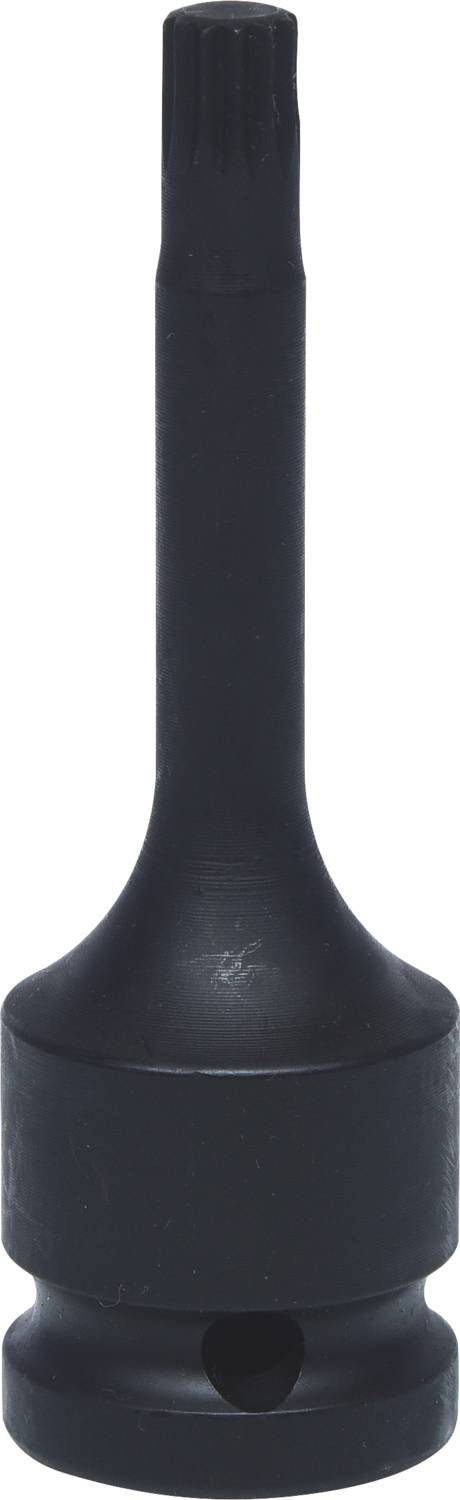 Ein schwarzer Werkzeugaufsatz mit geriffeltem Griff und breitem Kopf, geeignet für spezielle Schraub- oder Montagearbeiten.