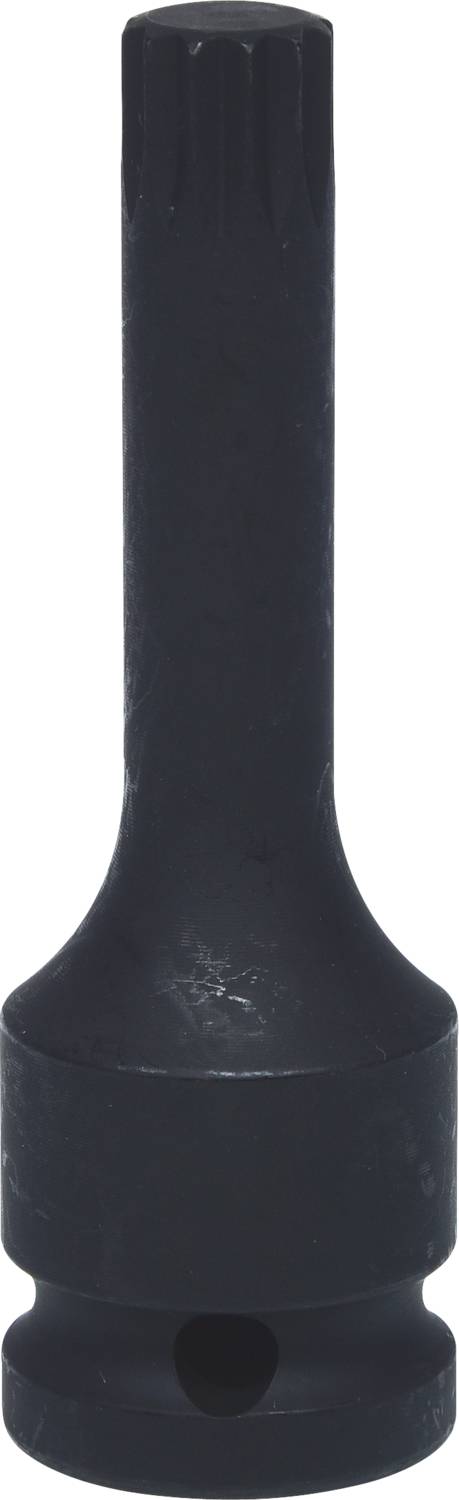 Abgebildet ist ein schwarzer, schlanker Metallaufsatz mit geriffeltem Ende, vermutlich ein Werkzeugaufsatz, vor weißem Hintergrund.