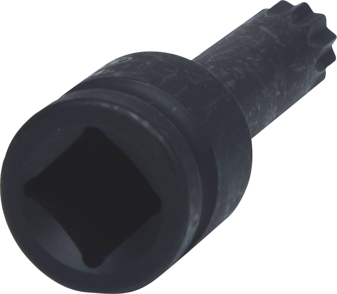 Ein schwarzer, zylindrischer Steckschlüsseleinsatz mit quadratischer Öffnung, möglicherweise für mechanische Arbeiten oder Autoreparaturen.