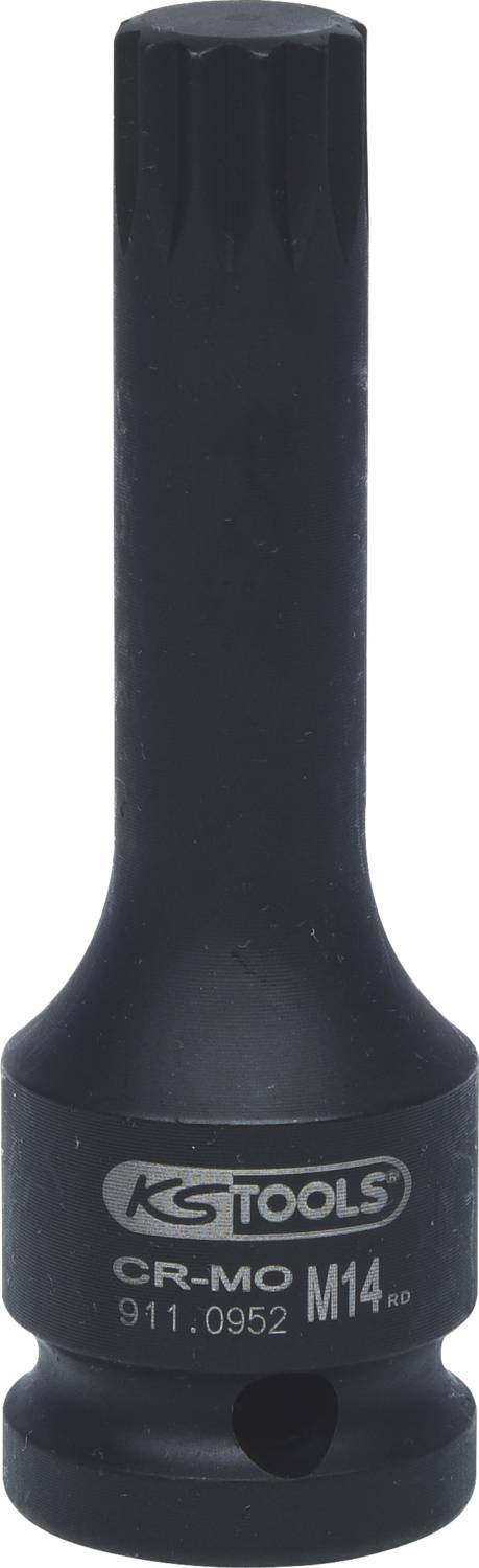 Schwarze Vielzahn-Stecknuss mit langem Schaft, beschriftet mit 'KS TOOLS CR-MO M14'.