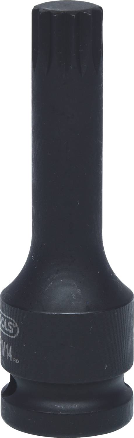 Ein schwarzer Steckschlüssel-Bit mit Riffelung an der Spitze, verwendet für Arbeiten mit Schrauben oder Muttern.