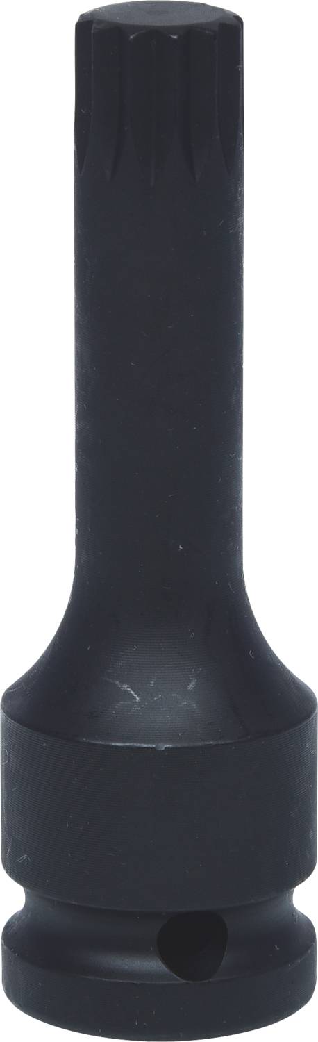 Ein schwarzer Metallschraubendreheraufsatz mit sechskantiger Aufnahme und geriffeltem Schaft.