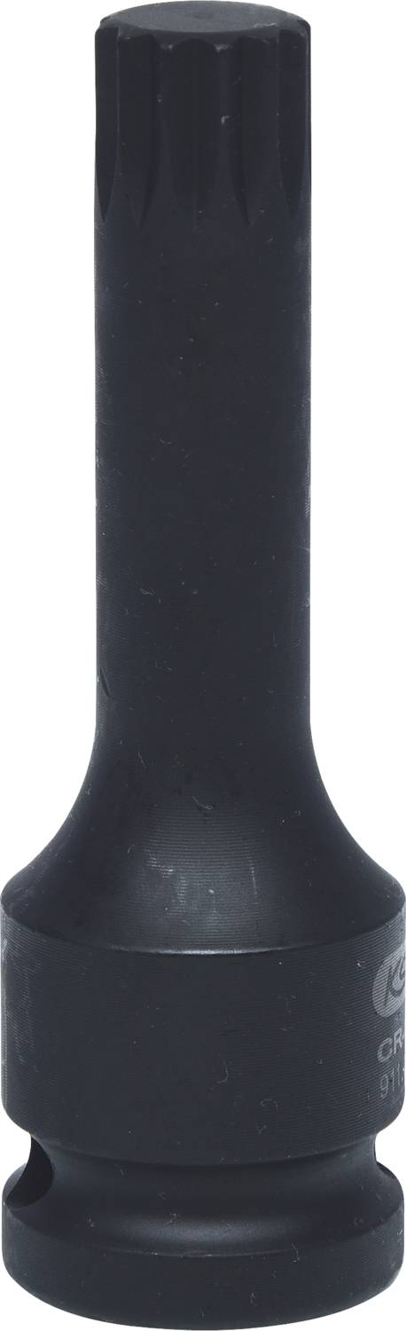 Ein schwarzer Steckschlüsseleinsatz mit langem, geriffeltem Schaft; leicht abgenutzt. Verwendet in mechanischen Arbeiten.