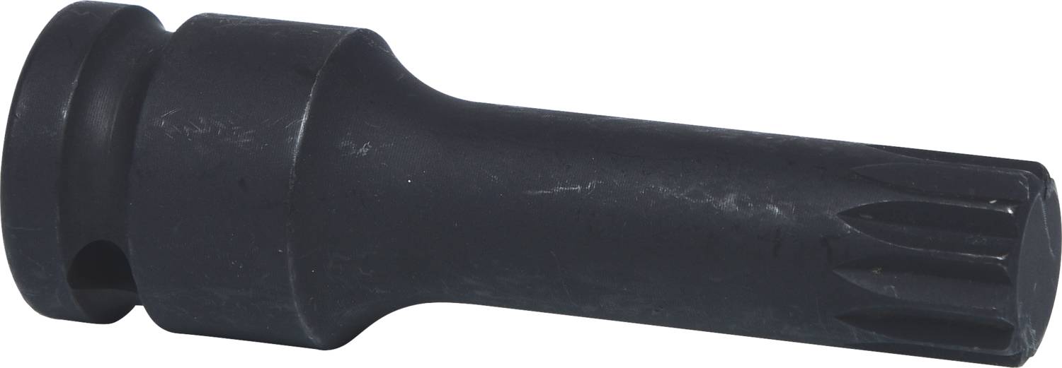 Ein schwarzer Metalladapter mit zylindrischem Körper und gezahnter Spitze, genutzt als Verbindungselement in mechanischen Anwendungen.