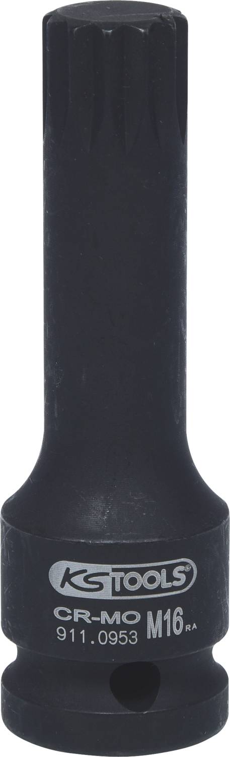 Eine schwarze Vielzahnnuss mit der Aufschrift 'KS TOOLS CR-MO M16' ist abgebildet. Sie hat einen zylindrischen Körper mit einem breiteren Ende.