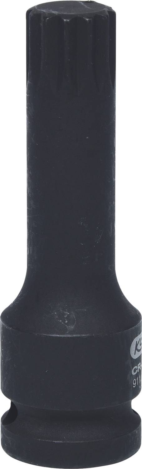 Eine schwarze Sechskant-Stecknuss mit einem langen Schaft und einer gerändelten Oberfläche. Sie wird für den Einsatz mit einem Drehmomentschlüssel hergestellt.