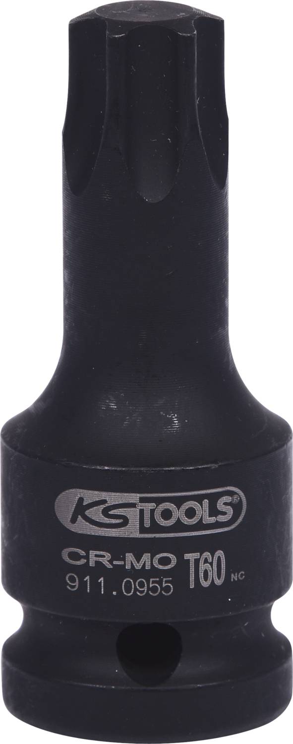 'KS TOOLS CR-MO T60' schwarzer Steckschlüsseleinsatz aus Metall mit runder Form, geeignet für Schraubarbeiten.