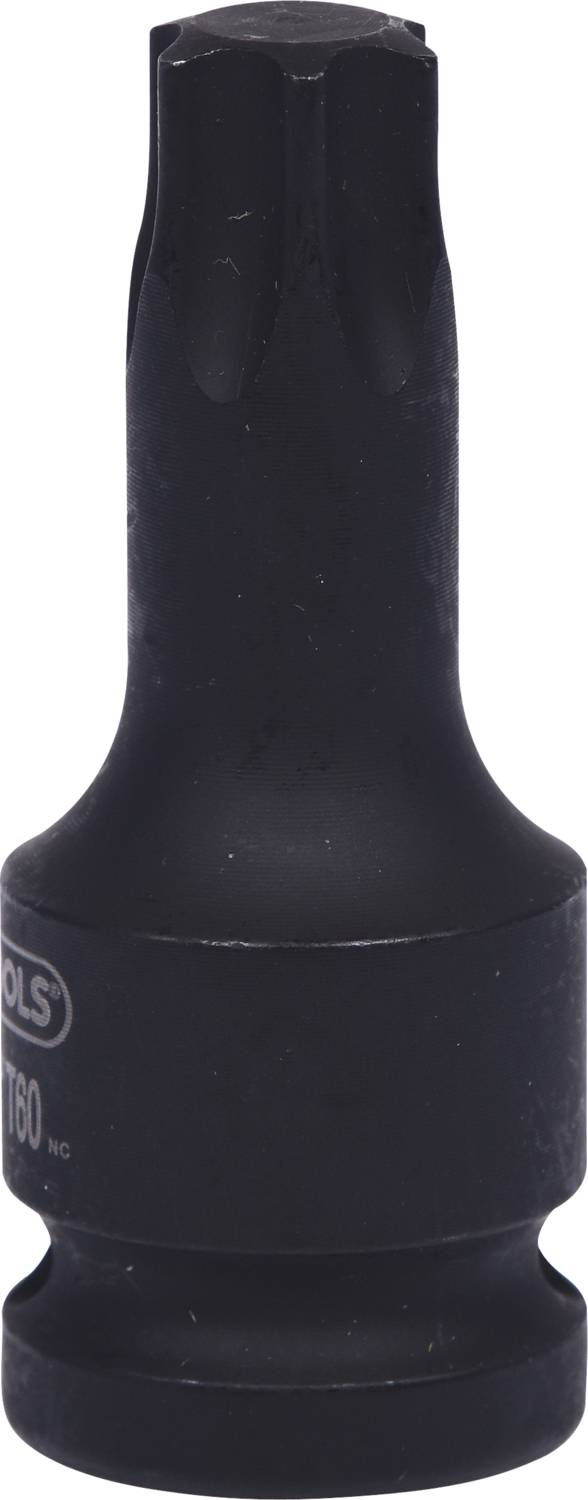 Ein schwarzer Steckschlüssel-Bit mit sechskantiger Torx-Kopfaufnahme ist in Nahaufnahme abgebildet.