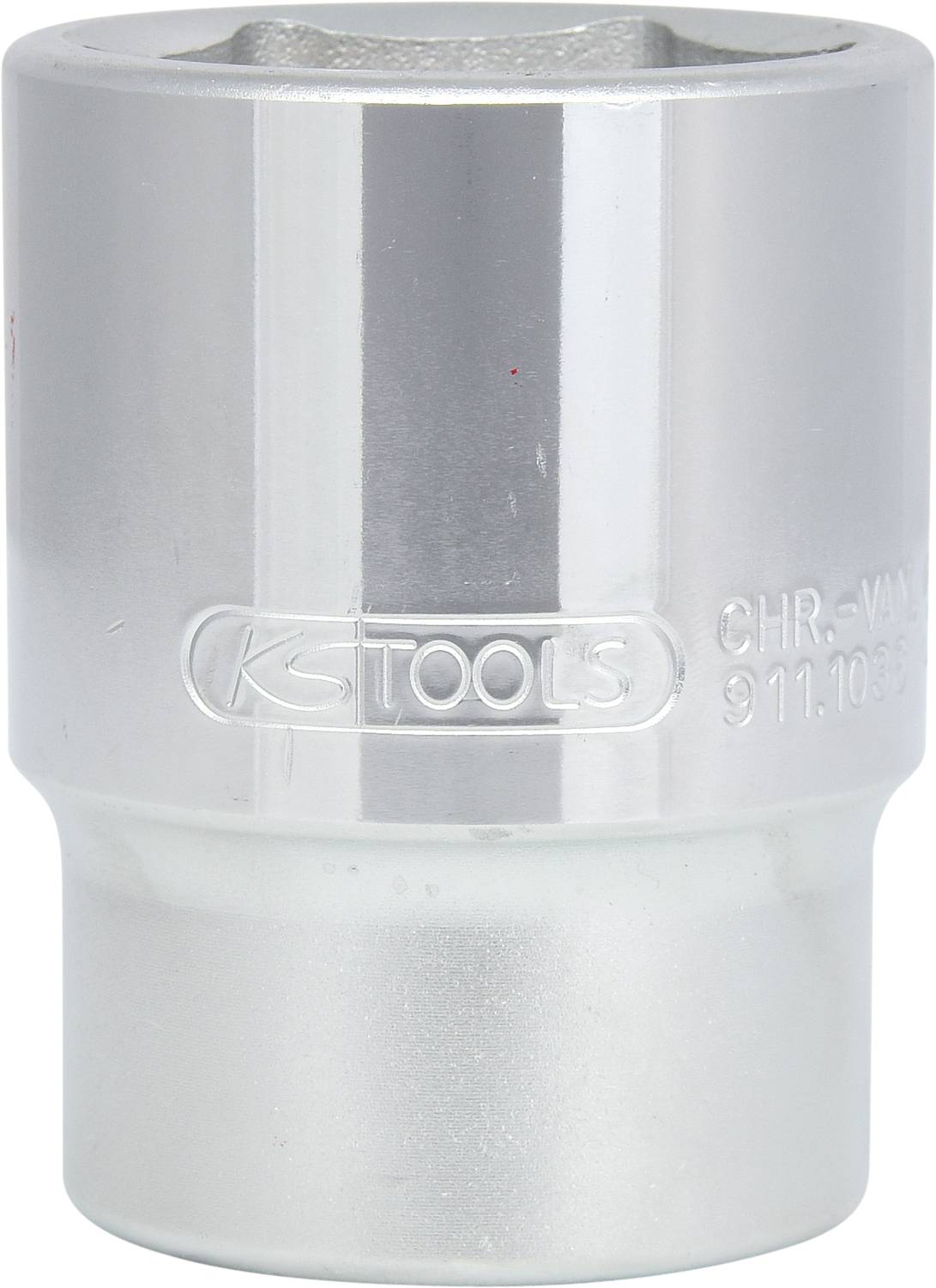 Eine silberne Stecknuss mit glatter Oberfläche und der Aufschrift 'KS TOOLS CHR-VAN 911.1058', verwendet zum Anziehen von Schrauben und Muttern.
