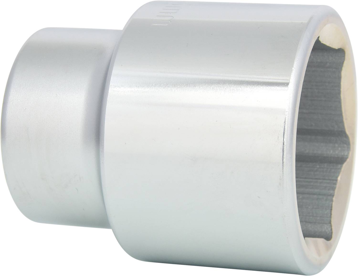 Metallschraubenkopf in Nahaufnahme, silbern glänzend. Schraubenwerkzeug oder Maschinenteil, zylindrische Form, spiegelt Licht.