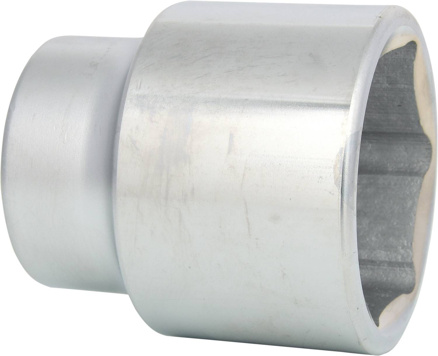 Ein silbernes zylindrisches Metallteil mit einem kleineren Abschnitt auf der linken Seite.