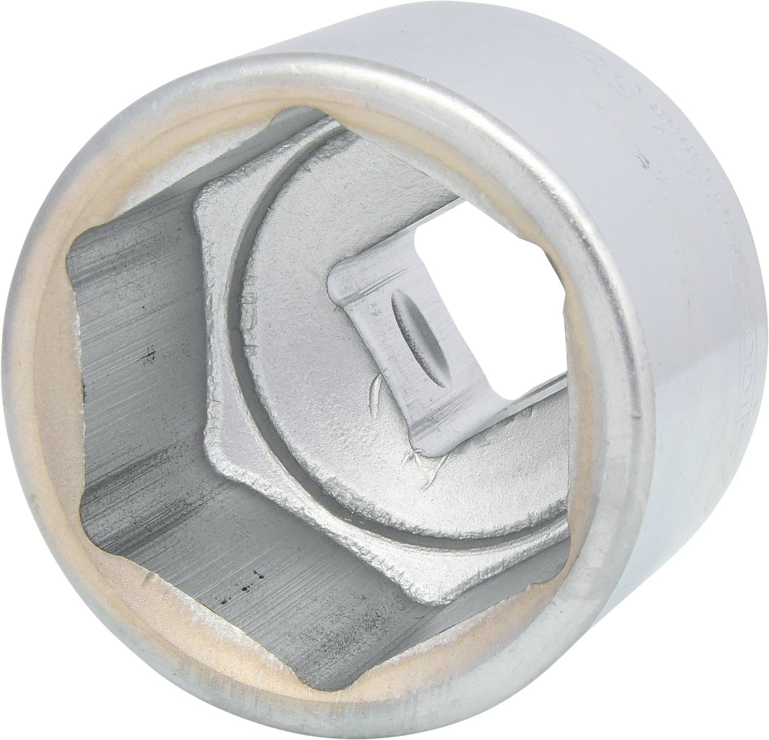 Silbernes, rundes Spezialwerkzeug mit innerer Sechskantaufnahme, verwendet zum Lösen von Schrauben oder Muttern. Geeignet für Autoreparaturen.