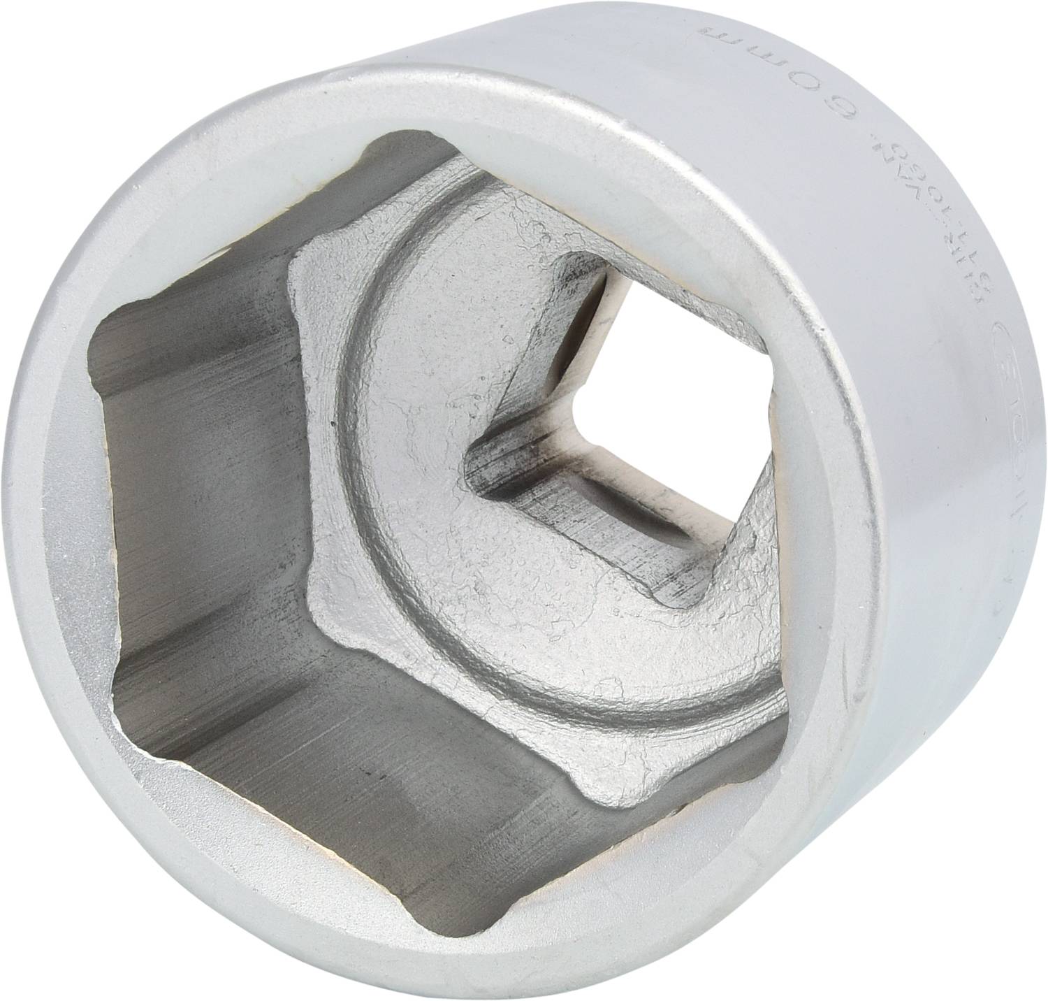 Schraubenschlüssel-Aufsatz in Chromoptik, Sechskantform, zur Verwendung mit einem Ratschenwerkzeug.