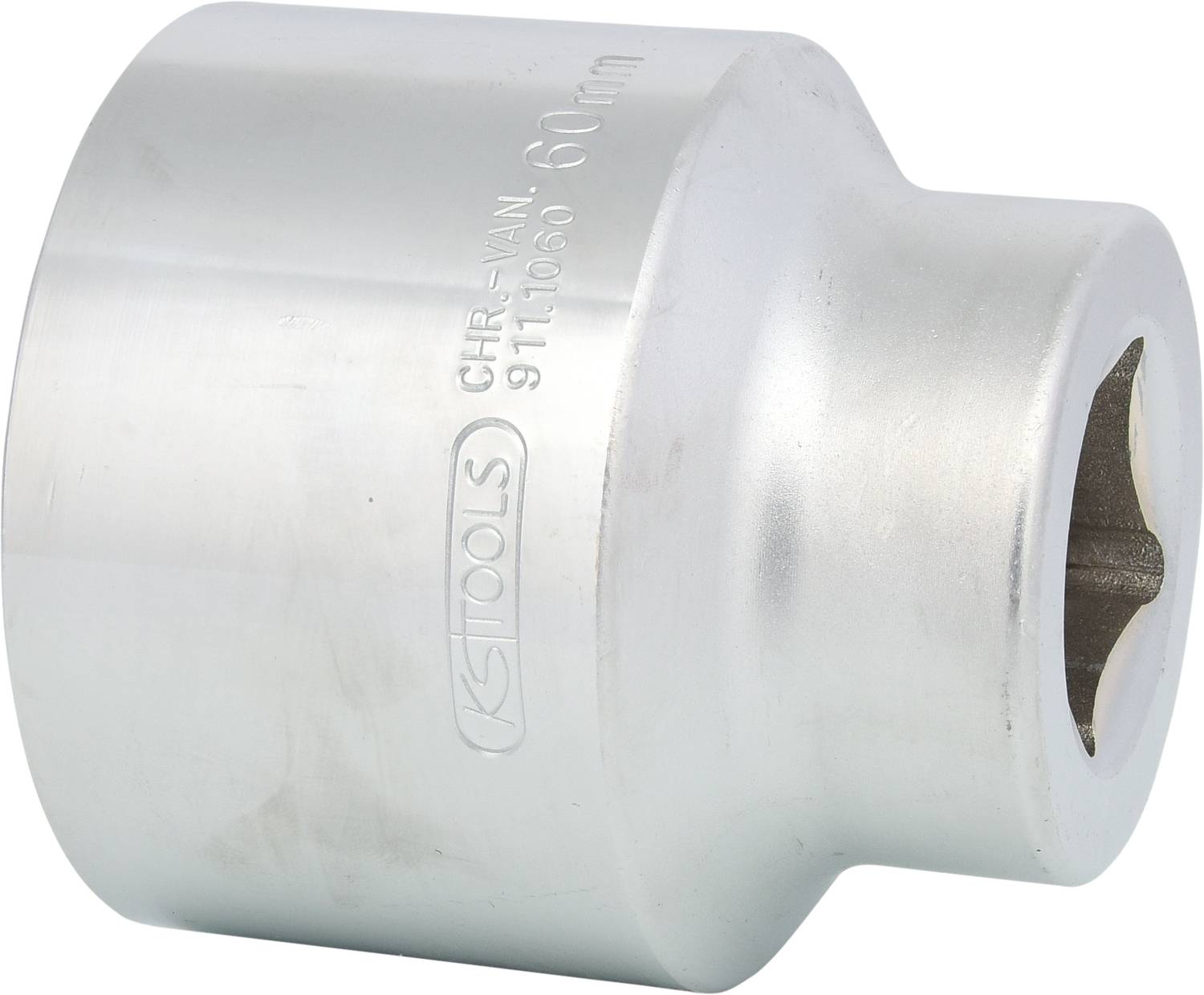 Eine sechskantige, silberne Stecknuss mit der Aufschrift 'KS Tools 60 mm' und 'CR-VAN'.