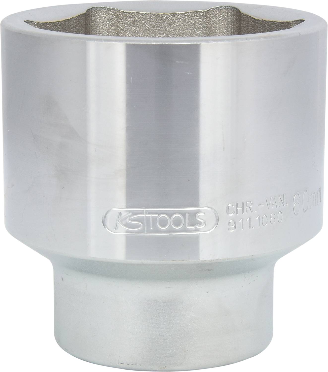 Silberner Steckschlüssel mit Aufschrift '60 mm', verwendet für große Muttern oder Schrauben.