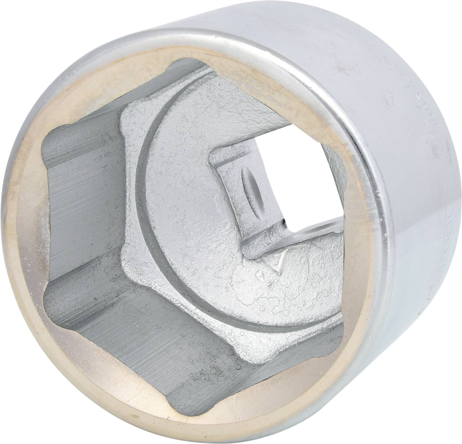 Großer sechskantiger Steckschlüsselaufsatz aus Metall, silberfarben und robust, zur Verwendung mit einem passenden Schraubenschlüssel oder Ratsche.