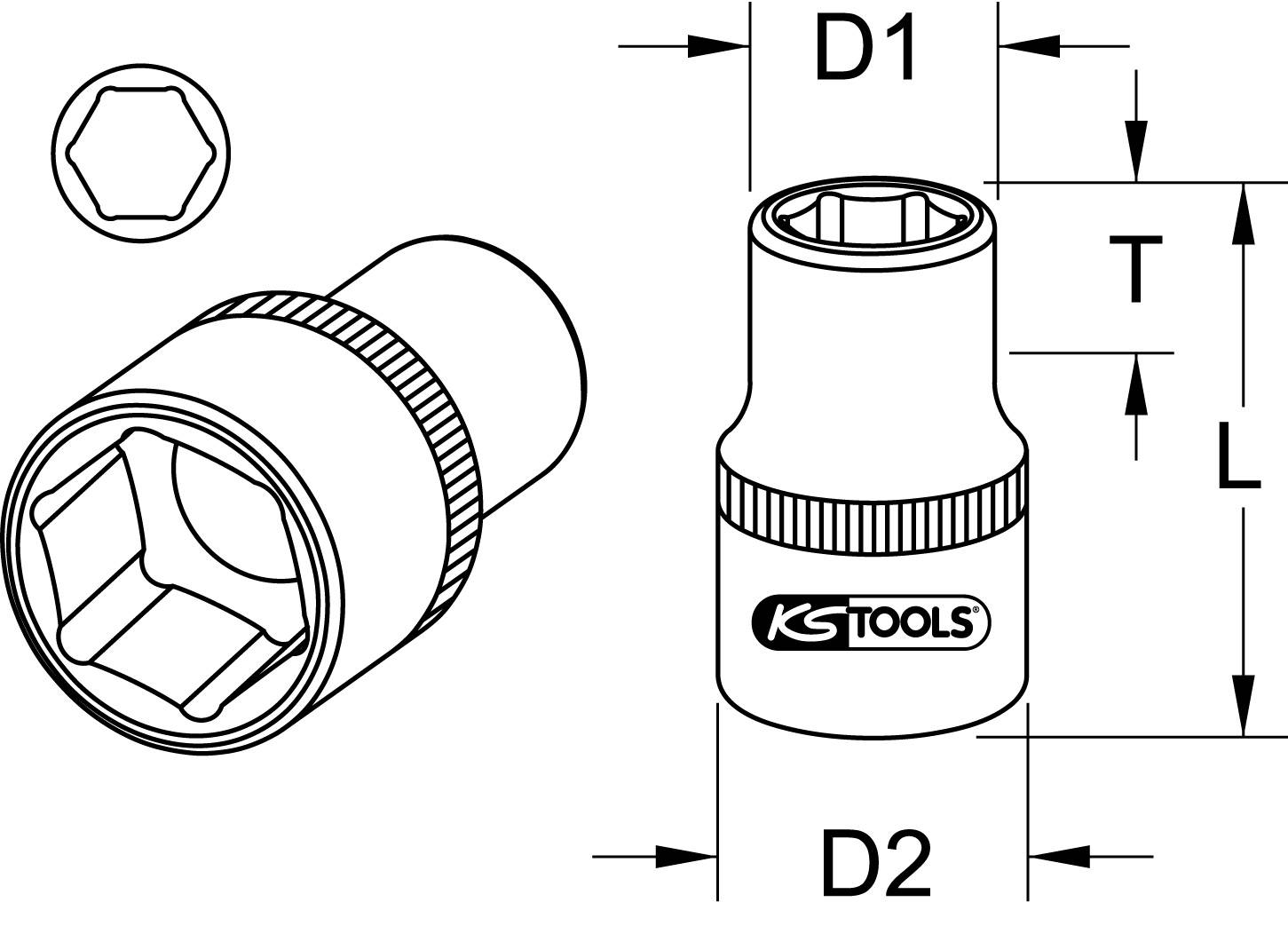 Technische Zeichnung eines Steckschlüssels. Zeigt Vorder-, Seitenansicht und Maße D1, D2, T, L. Werkzeug von KS Tools.