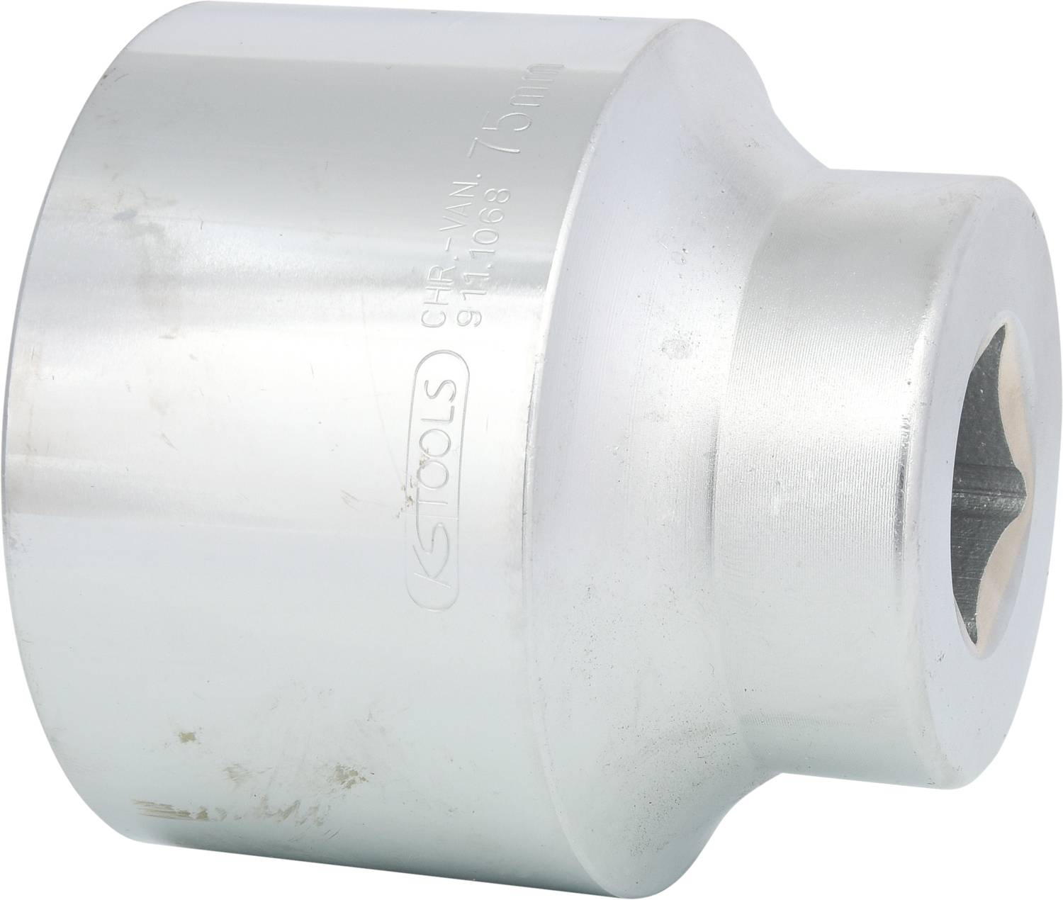 Silberne Stecknuss für große Muttern oder Schrauben, zylinderförmig mit sechseckiger Aufnahme, Größe 70 mm, glatt glänzende Oberfläche.