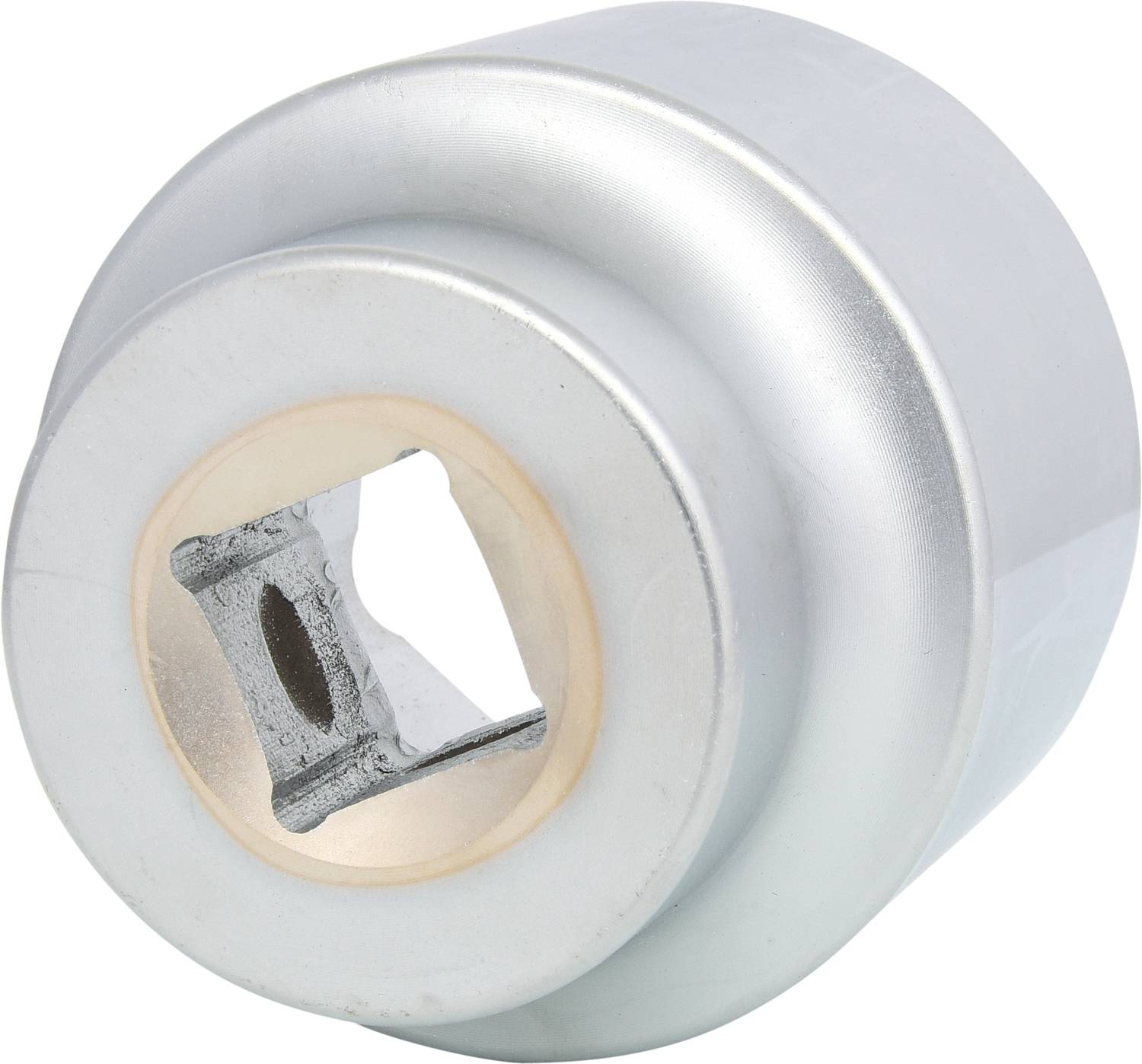 Silberner, zylindrischer Ölfilter-Schlüssel mit quadratischer Öffnung zur Reparatur und Wartung von Fahrzeugmotoren.