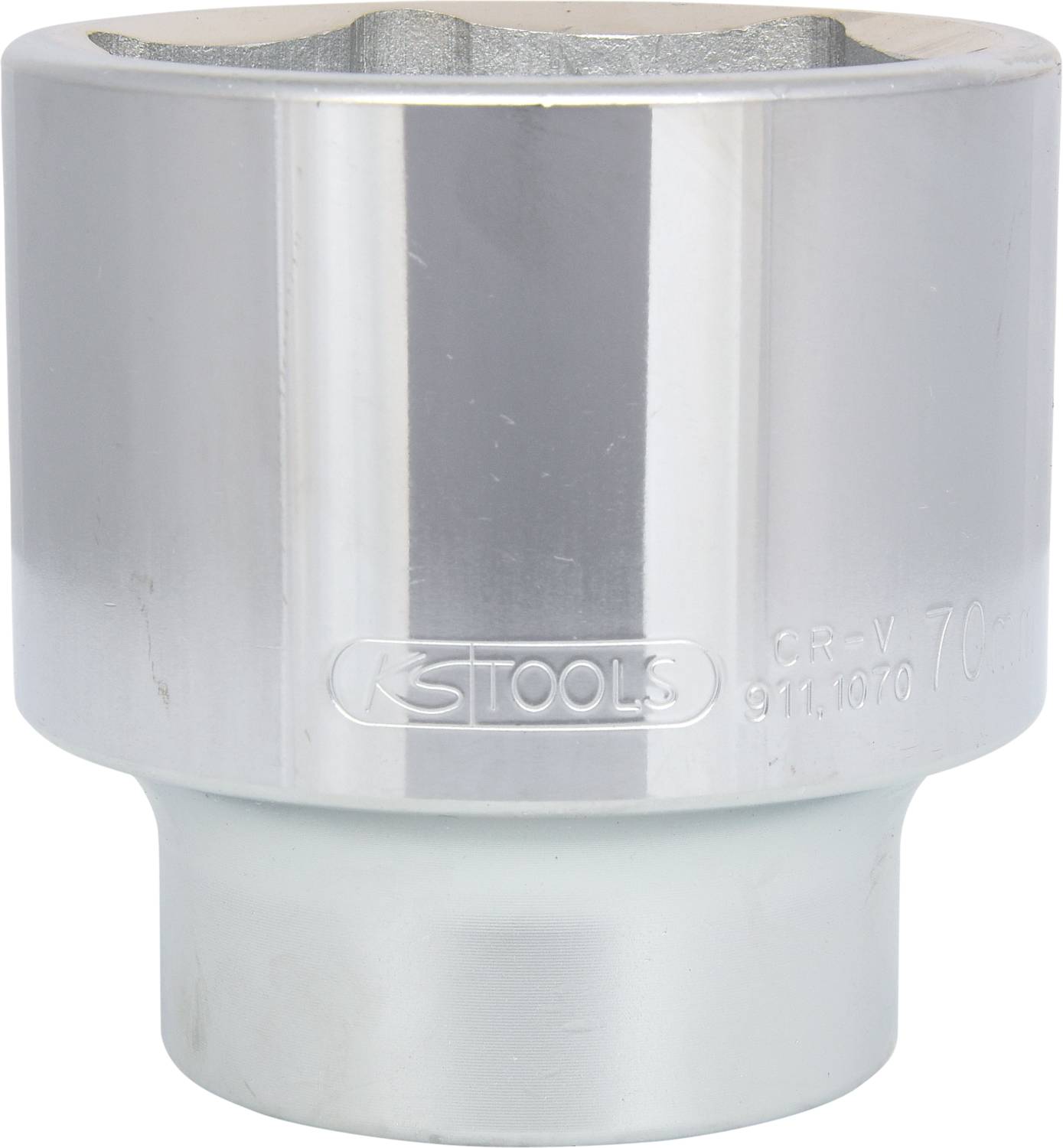 Metallschraubenschlüssel mit glänzender Oberfläche, eingraviertem Logo und technischen Details.