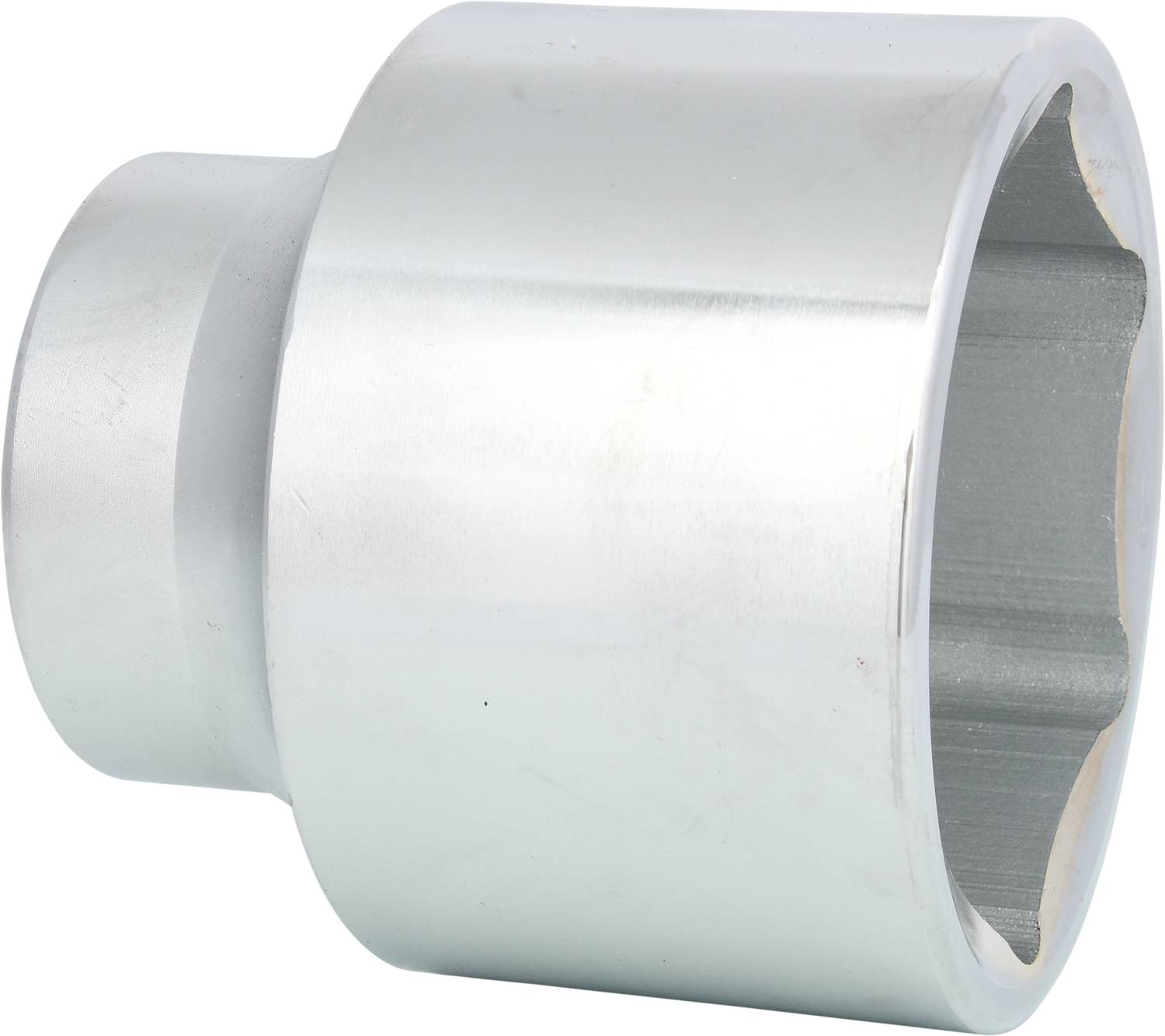 Silberne, zylindrische Metallhülse mit breiterem Ende, wahrscheinlich ein Werkzeug- oder Automobilteil.