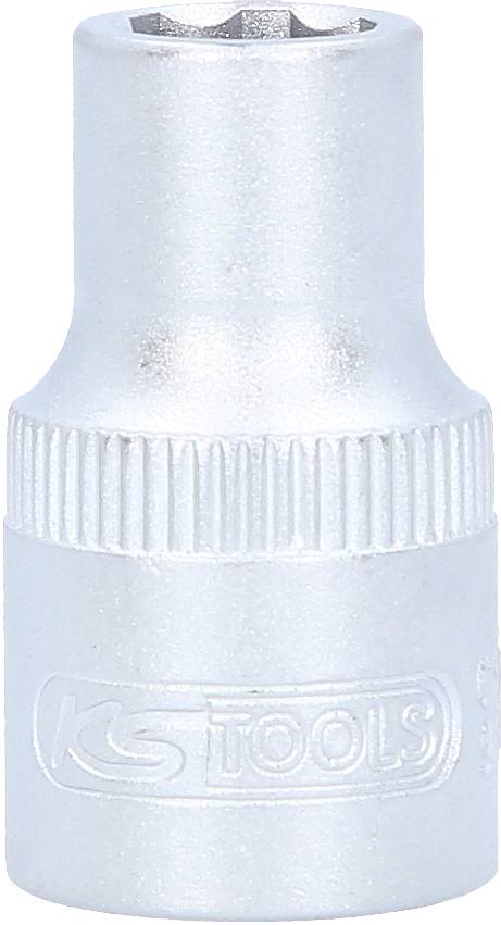 Metall-Steckschlüsselaufsatz mit geriffeltem Griff und eingeprägt mit 'Tools' Logo, verwendet für Sechskantmuttern oder Schrauben.