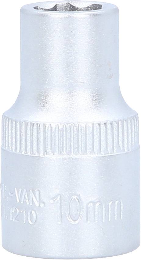 Silberner Steckschlüsseleinsatz, 10 mm, mit geriffeltem Griff, gedruckte Größe und Marke auf der Oberfläche.