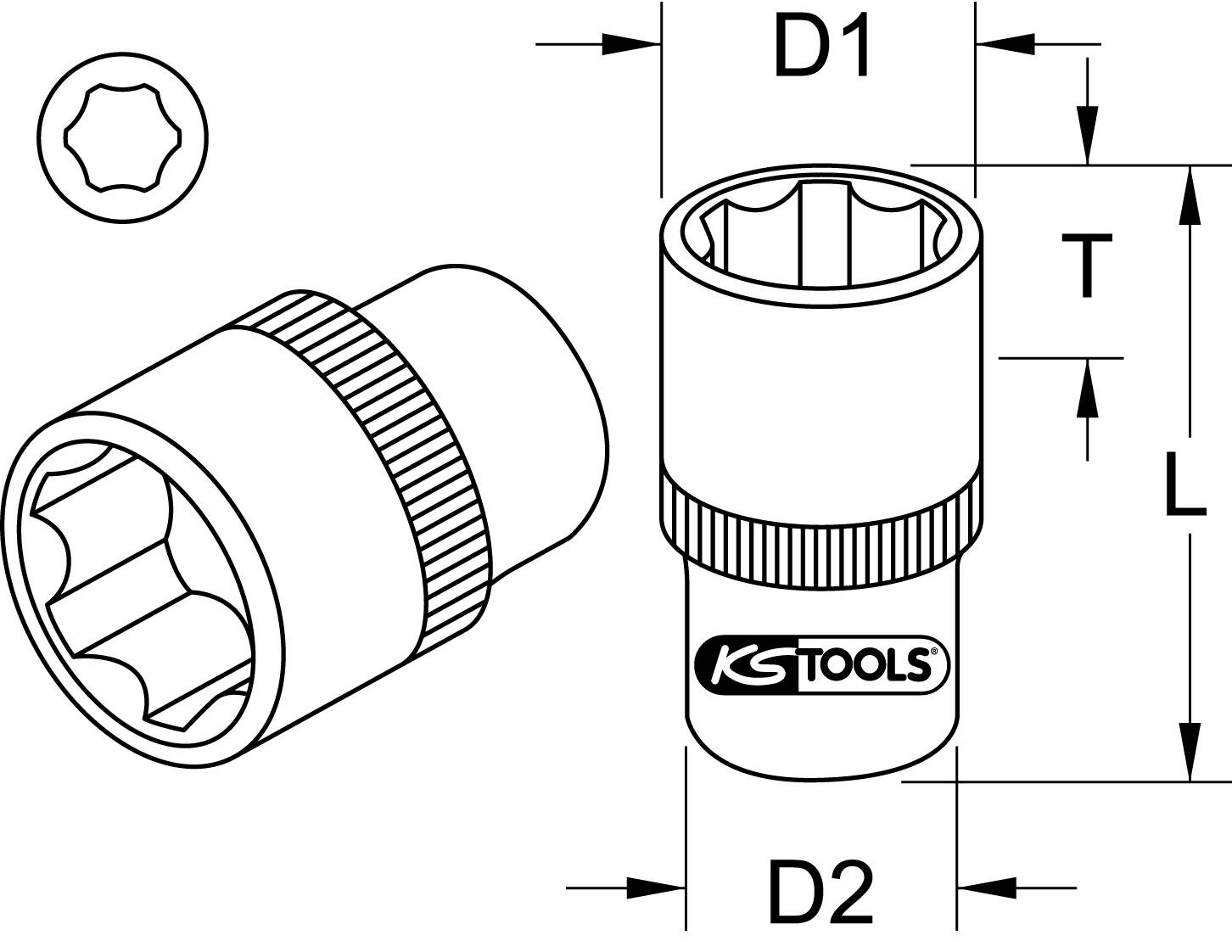 Technische Zeichnung einer Stecknuss von KS Tools, zeigt Maße D1, D2, T und L an. Hauptbestandteil einer Ratsche oder eines Steckschlüssels.