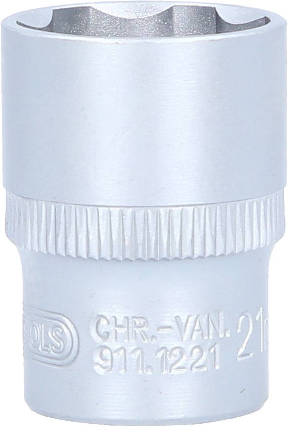 Eine silberne Stecknuss mit sechseckiger Öffnung, Beschriftung 'CHR. VAN. 911.1221 21'. Sie wird zum Anziehen oder Lösen von Muttern verwendet.