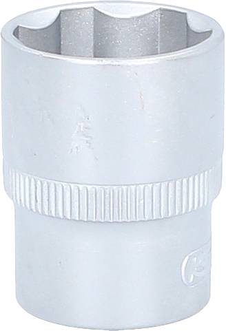 Silberfarbene Stecknuss, zylinderförmig mit geriffeltem Griffbereich, für den Einsatz mit einem Schraubenschlüssel oder Ratschensystem.