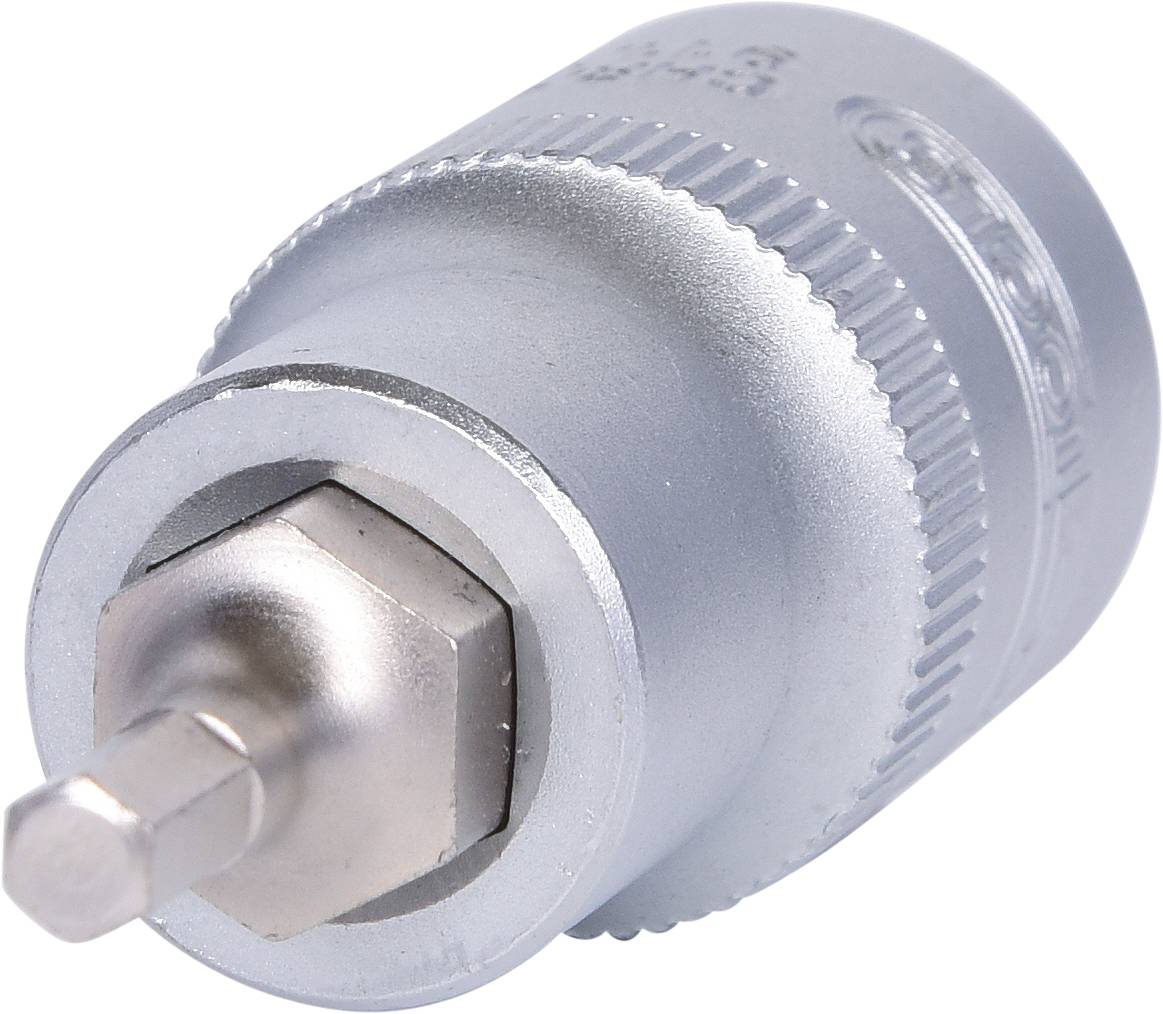 Silberner Steckschlüsseleinsatz, zylindrisch, mit sechskantiger Aufnahme, geeignet für Handwerkzeuge und Ratschen.