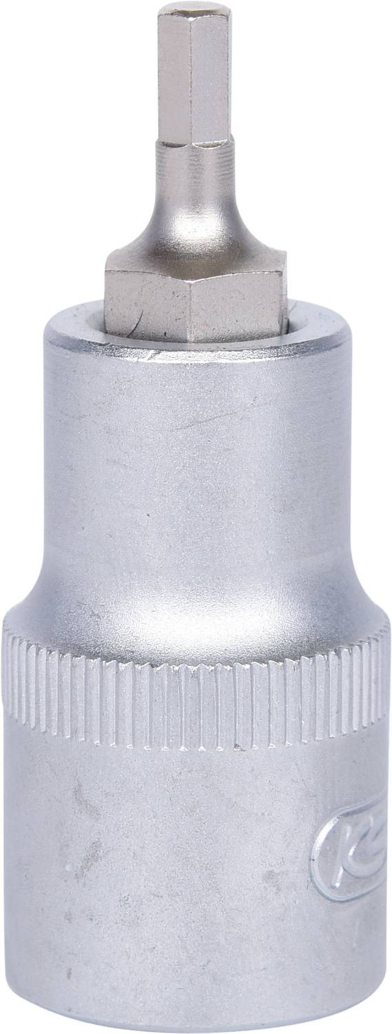 Ein silberner Steckschlüssel-Aufsatz mit sechseckigem Kopf, geeignet für Torx-Schrauben, aufrecht stehend auf weißem Hintergrund.