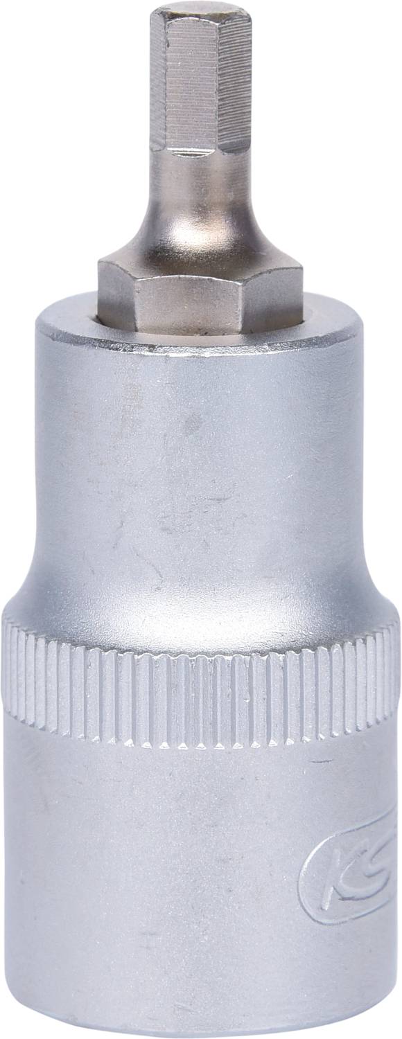 Ein silberner Steckschlüsselaufsatz mit geriffeltem Griff und sechseckigem Kopf. Geeignet für das Anziehen oder Lösen von Schrauben.