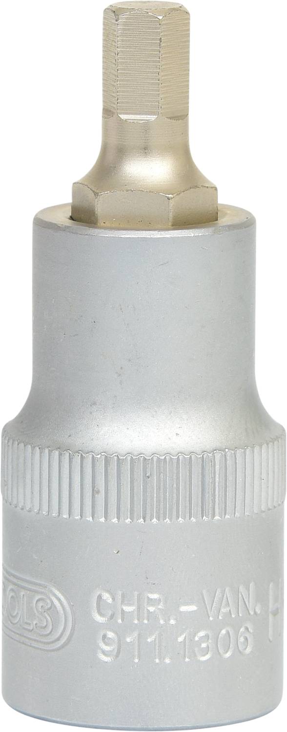 Ein silberner Schraubenschlüssel-Aufsatz mit gerändeltem Griff und hexagonalem Ende, zum manuellen Anziehen von Schrauben.