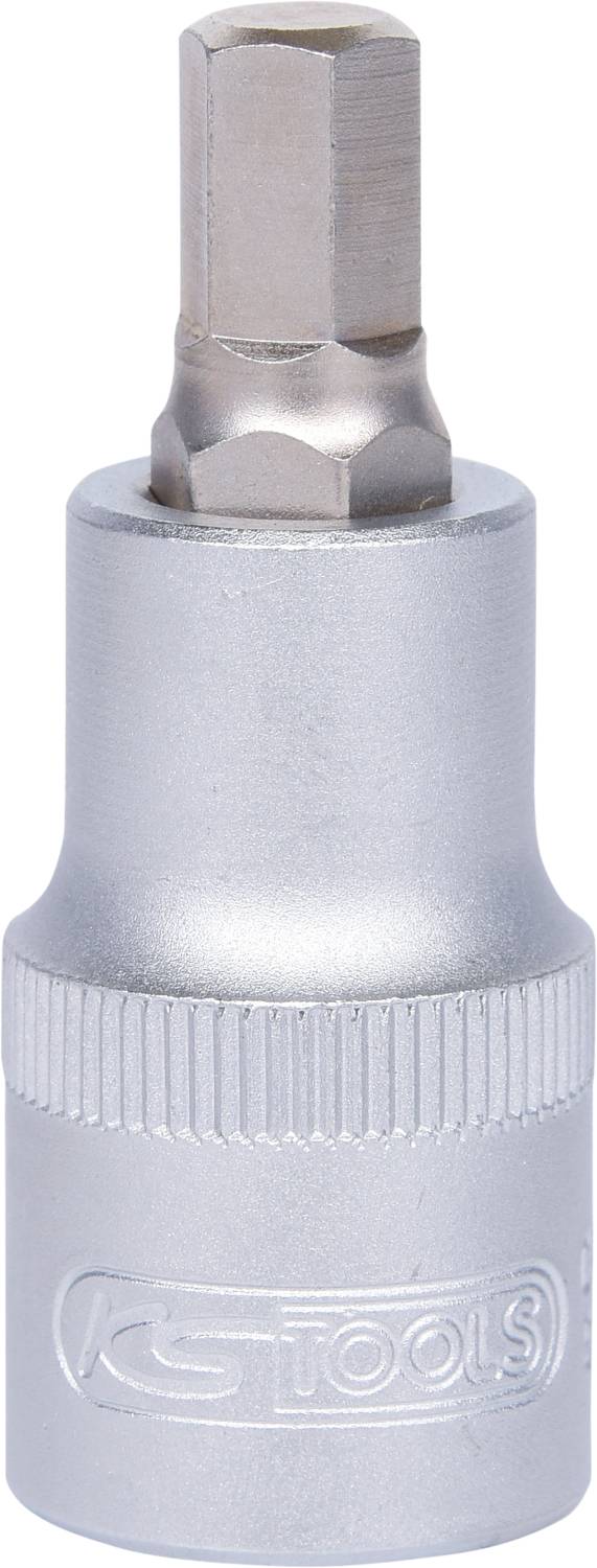 Stecknuss mit Innensechskant-Antrieb aus Metall, oben mit silberner Farbgebung, für den Einsatz mit Ratschen oder Schraubenschlüsseln.