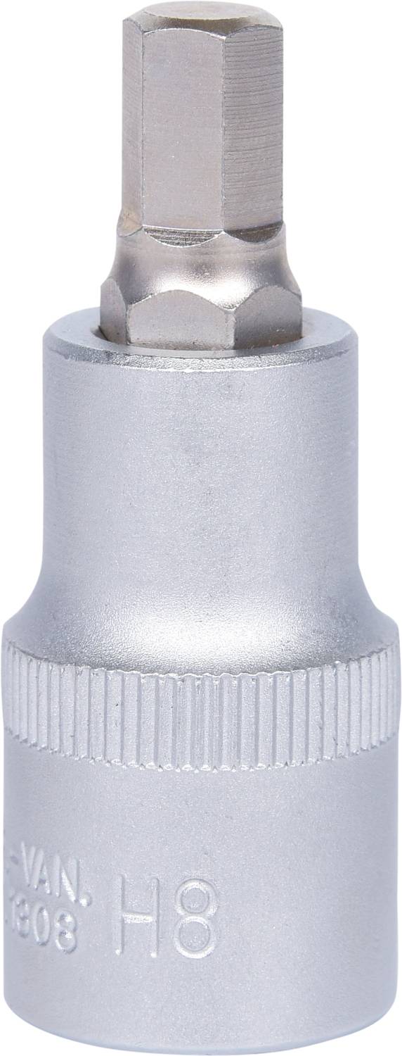 Ein silbernes Sechskant-Bit, Größe H8, mit geriffeltem Griffbereich für besseren Halt, verwendet für Schraubarbeiten.