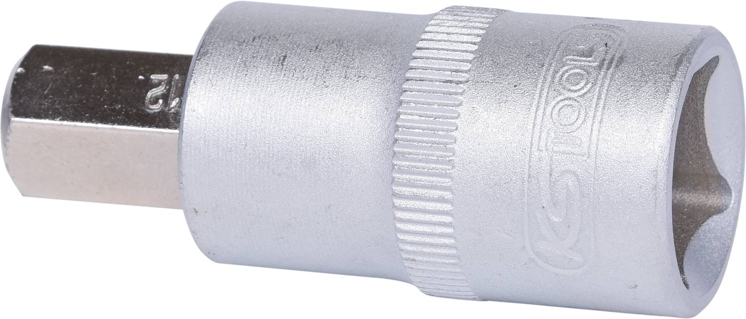 Metall-Stecknuss mit geriffeltem Rand, sechseckiger Aufnahme und eingravierter Größenangabe '12'. Verwendet für Schraubarbeiten.
